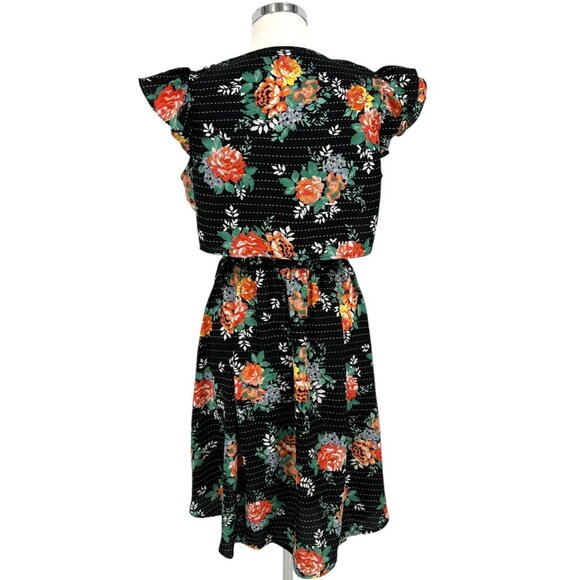 Walter Baker Floral Asymmetric Dress Ruffled Shoulders Black Multi Size Large - Picture 8 of 14